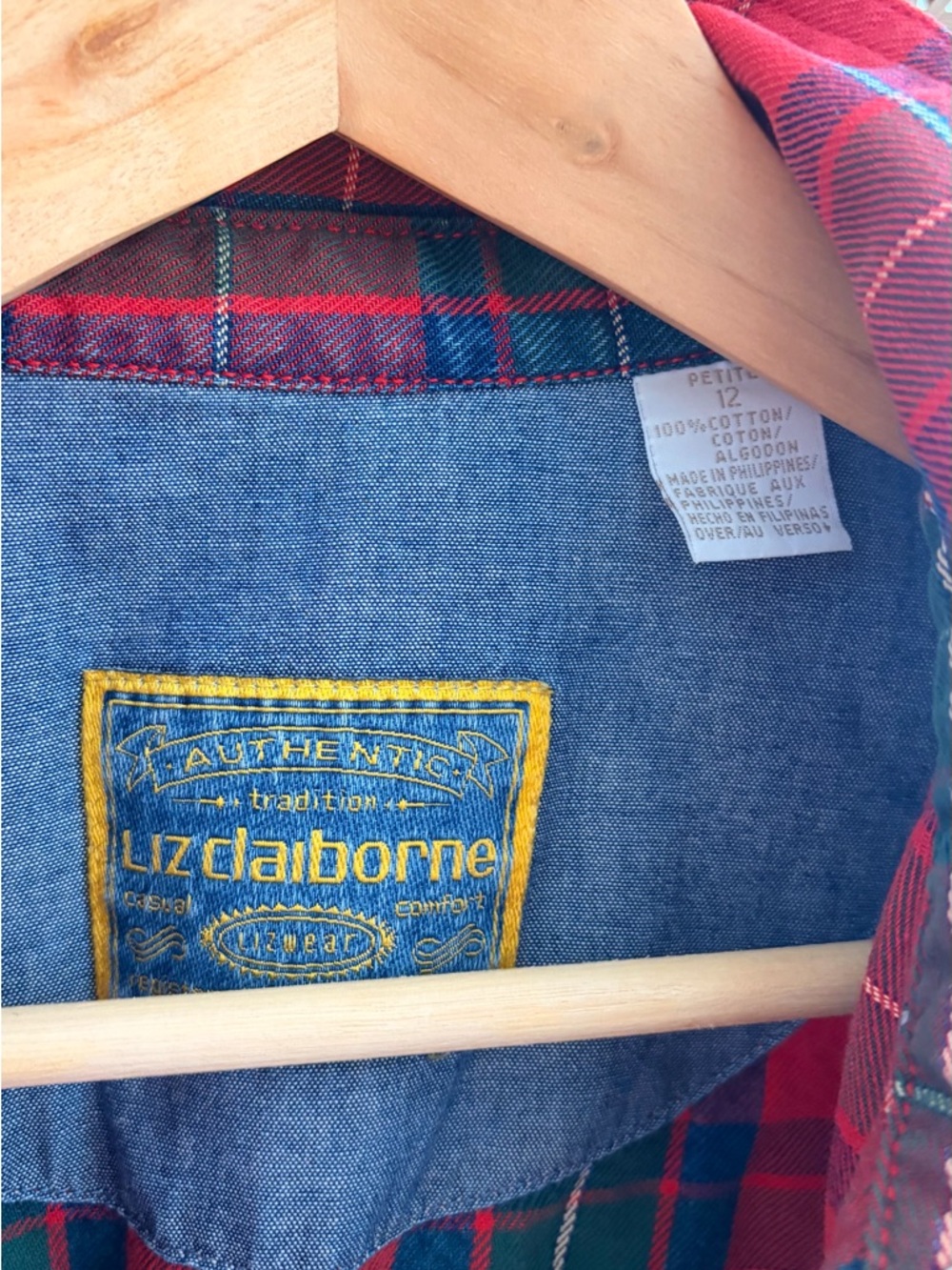 Liz Claiborne Red and Green Plaid Button-Front Shirt Jacket - Picture 2 of 3